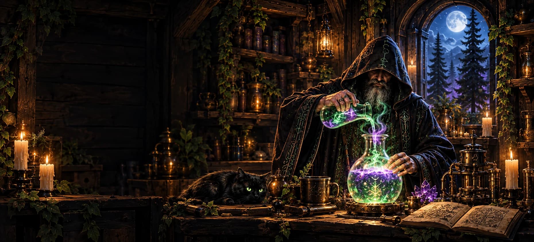 A hooded alchemist brews a glowing tonik in his moonlit woodland laboratory.